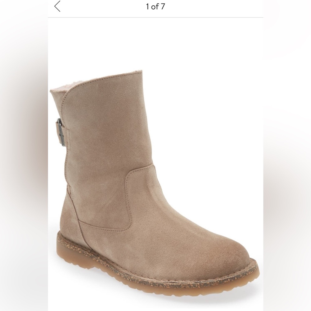 Birkenstock Upsalla Genuine Shearling Boot. Size 37. Grey Taupe / Pink Shearling